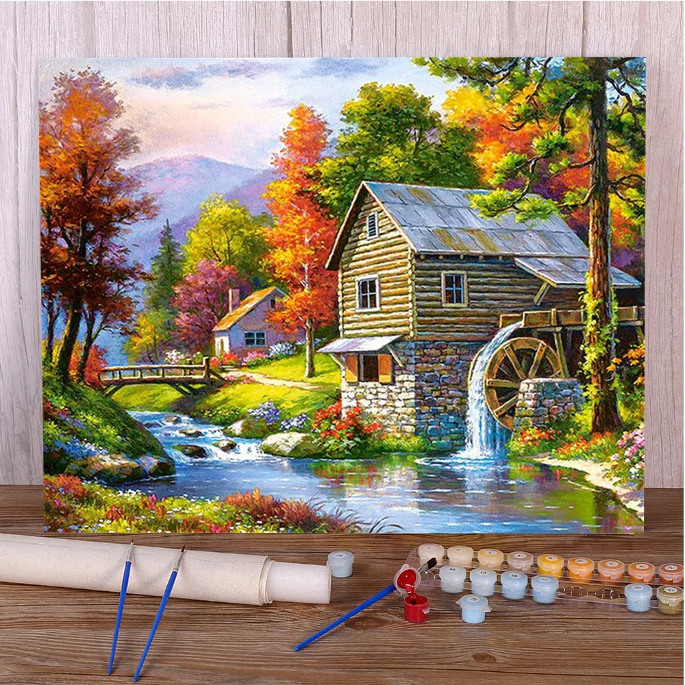 Landscape House By River Painting By Numbers Set Acrylic Paints 40*50 Canvas Painting Wall Paintings For Adults For Drawing