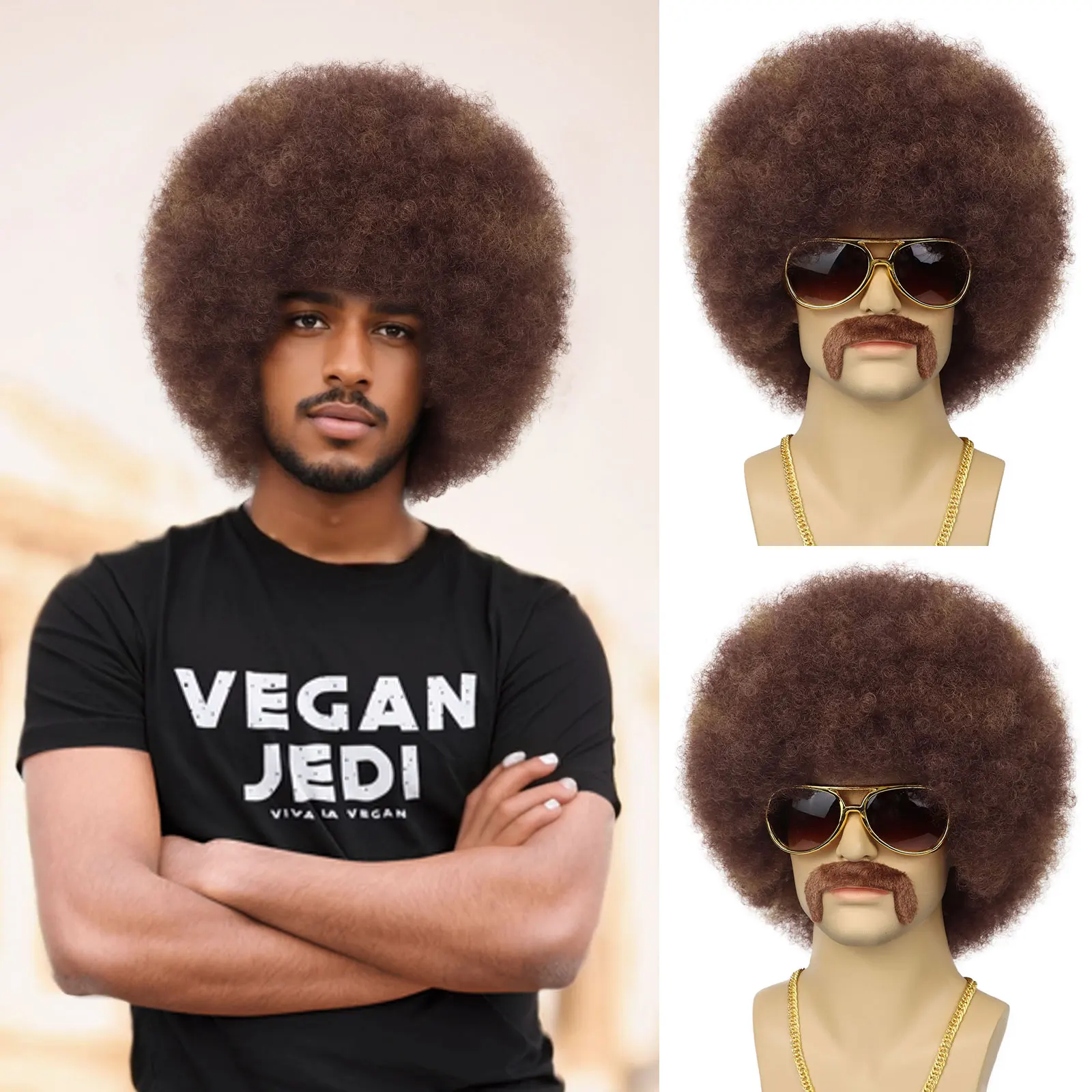 Syntetyczna peruka Afro Puff dla mężczyzn krótki czarny puszyste peruki Afro Disco Cosplay fantazyjne śmieszne peruki kostium na Halloween codzienne