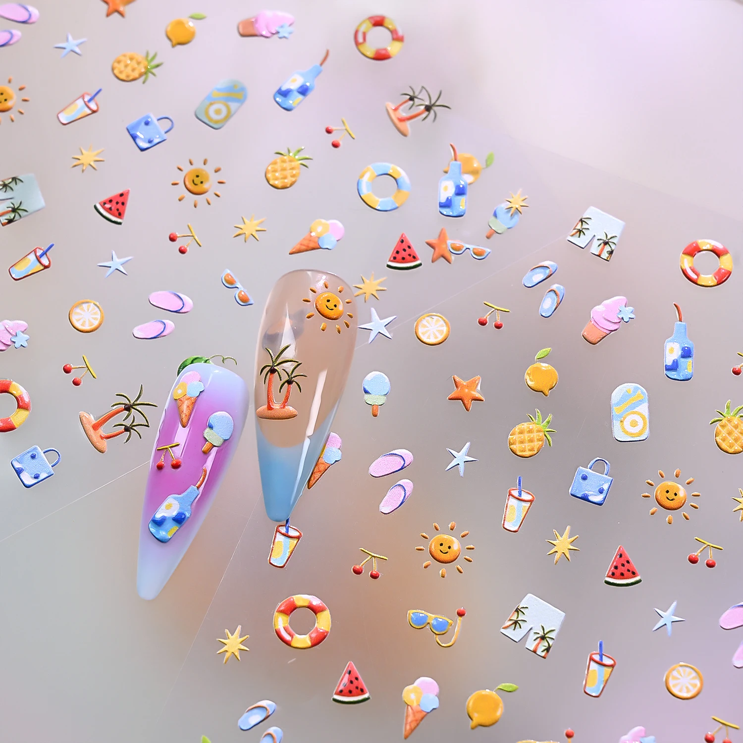 5D Embossed Colorful Ice Cream Fruit Nail Stickers Summer Beach Coconut Tree Bikini Nail Declas Watermelon Star Kawaii Sliders view 2