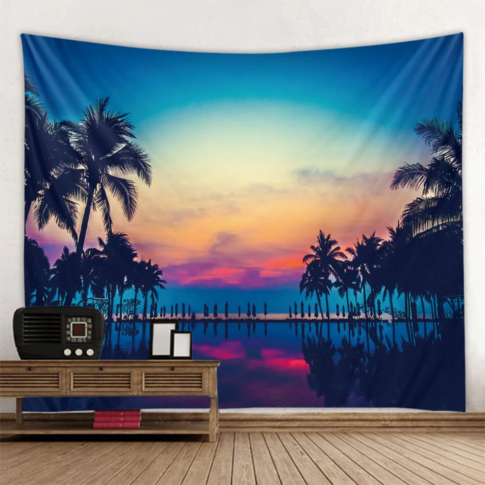 Sea Coconut Tree Tapestry Wall Hanging Bohemian Sunrise Landscape Home Decoration, Aesthetic Bedroom Living Room Decoration