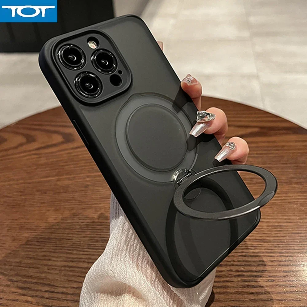 

Luxury Matte Magnetic Bracket Holder Case For iPhone 15 Pro Max 14 Plus 13 12 11 Metal Ring Stand For Magsafe Translucent Cover