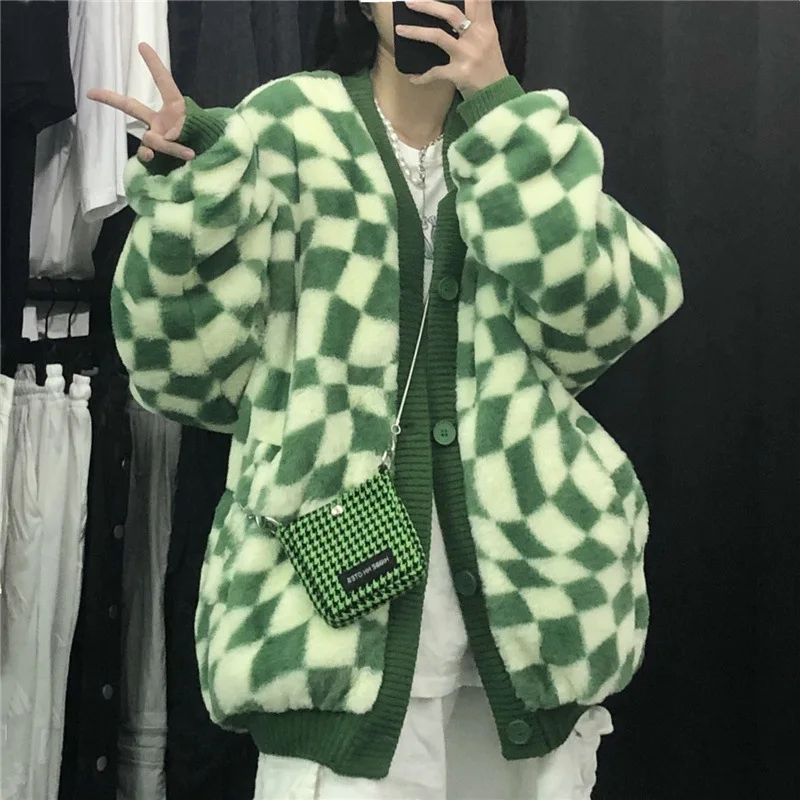 

Green Winter Irregular Checkerboard Grid Cashmere Thick Faux Lamb Fur Wool Coat Female Jacket Top Fashion Casual Loose Outwear