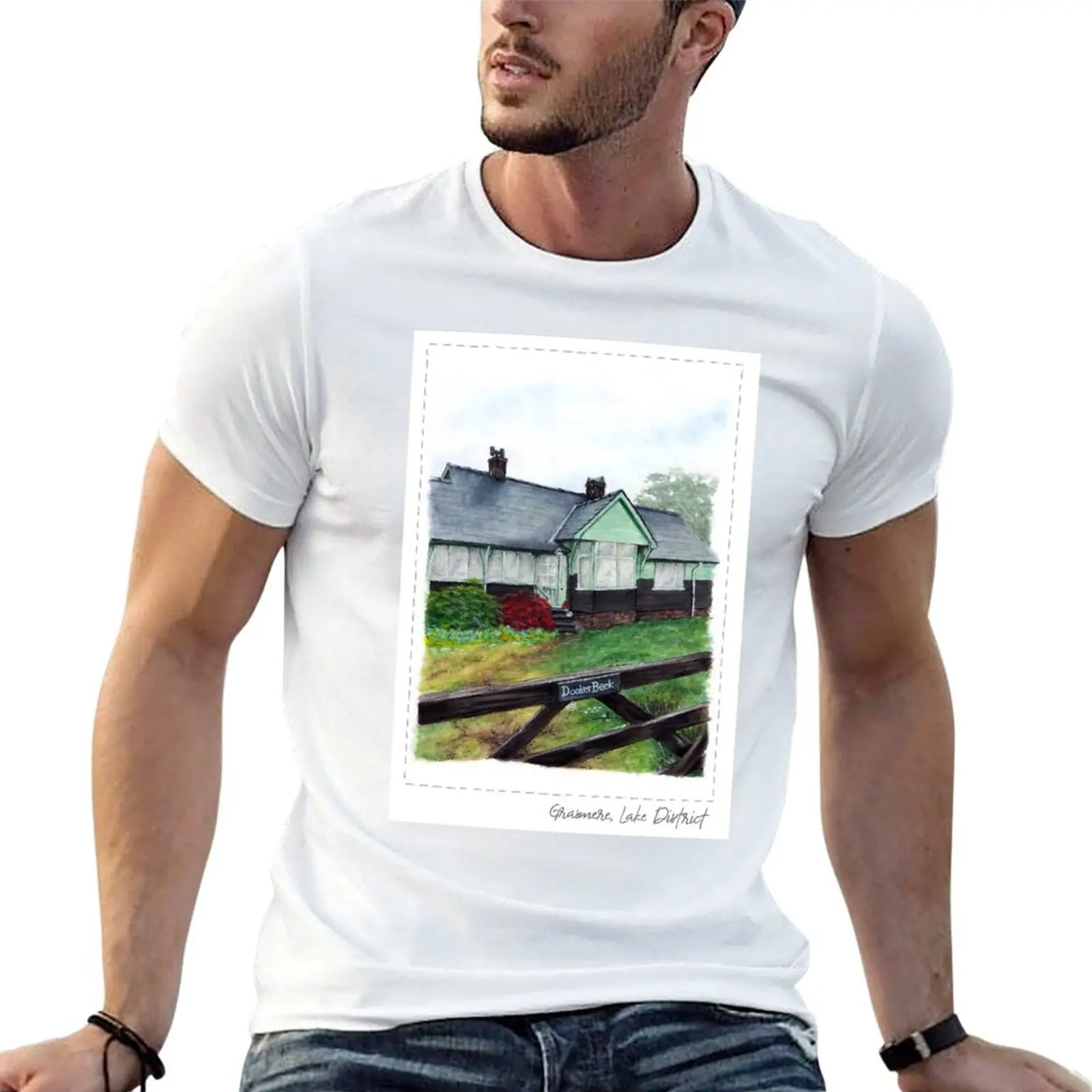 Hand Painted Wooden Cottage in Grasmere T-Shirt luxury designer korean fashion T-shirts for men cotton
