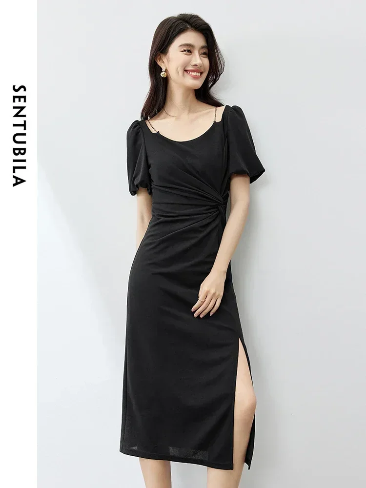 

SENTUBILA Puff Sleeve A-line Black Dress For Women Round Neck Side Split Midi Dresses 2025 Summer New Female Clothes 142L54254