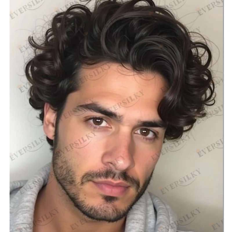 

Undetectable 24mm Curly Human Hair Man's Wigs Durable 0.1mm Full Injection Transparent PU Skin Base Men Toupee Natural Hairline