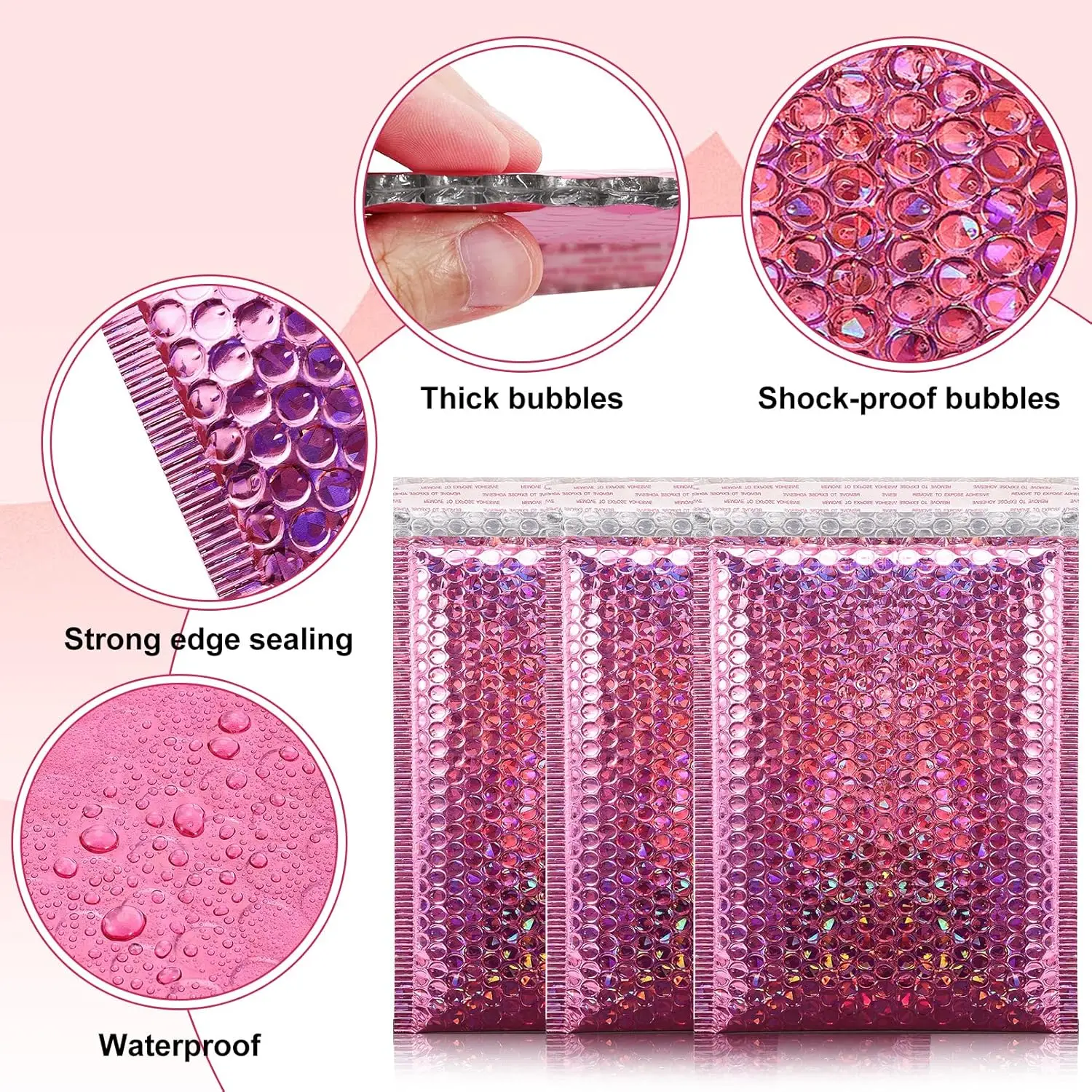 Holographic Pink Bubble Mailers Self Seal Padded Envelopes Waterproof Shipping Bags for Small Business