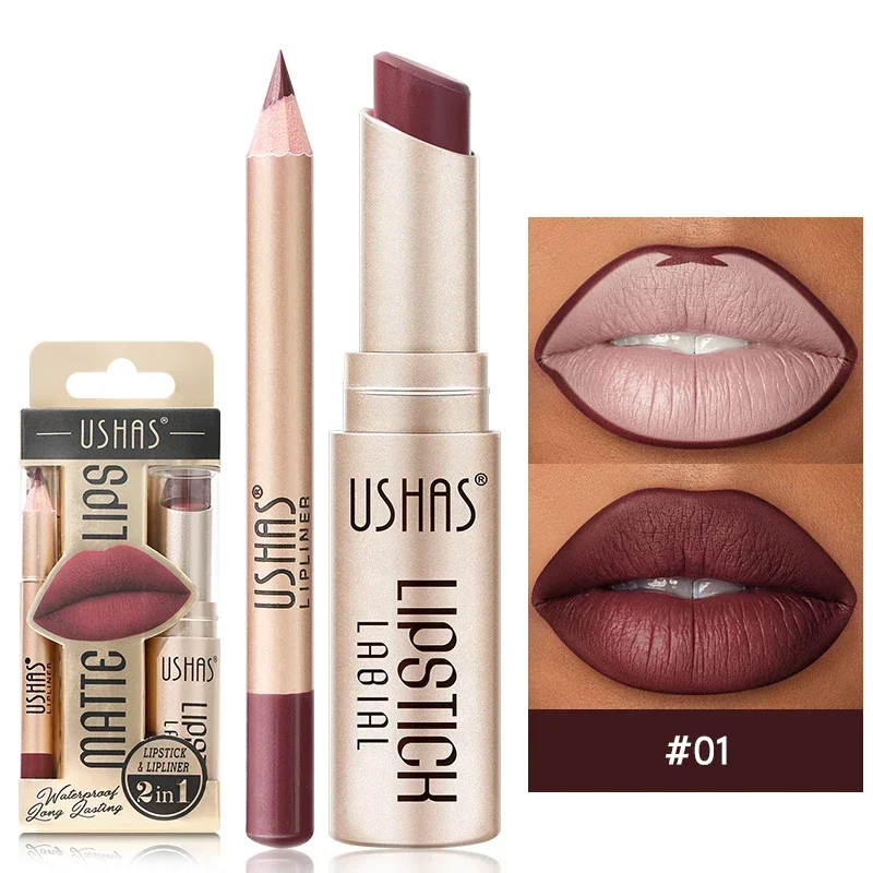 2 In 1 Lipstick Set Makeup Matte Lipstick & Lip Liner Pencil Waterproof Lasting Cosmetics Nude Brown Contour Tinted Lip Balm Kit