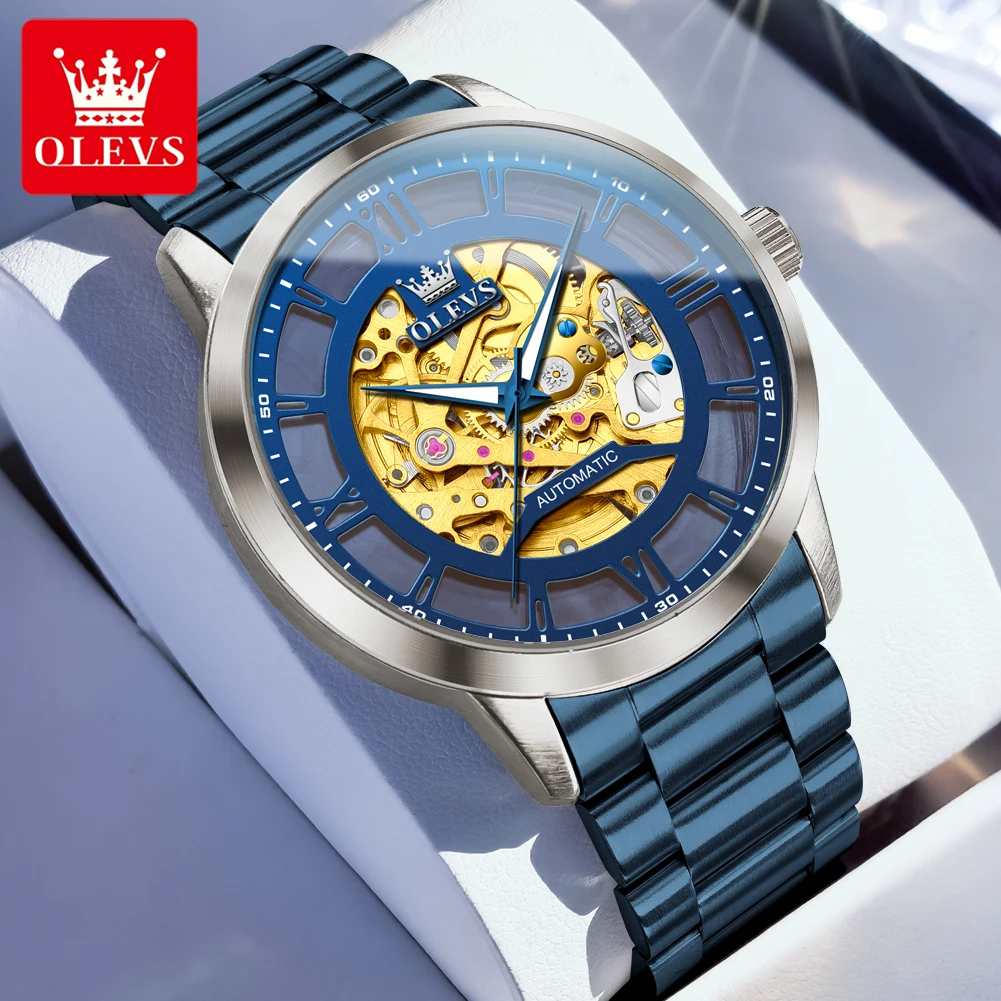 OLEVS 6728 Transparent Hollowed Men's Watches Stainless Steel Waterproof Original Automatic Mechanical Wrist Watches for Man