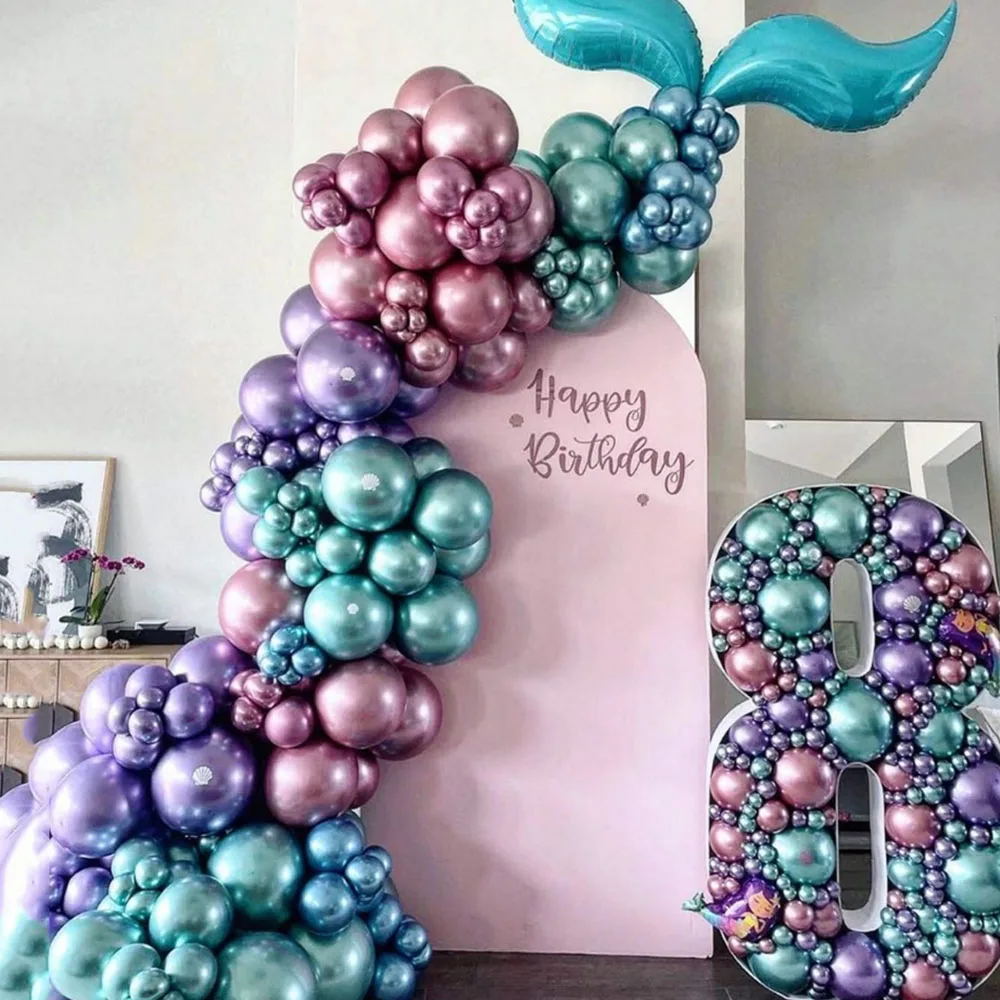 1SET Mermaid Tail Balloon Arch Chorme Metallic Birthday Balloons Baby Shower Girls Princess Mermaid Birthday Party Decor