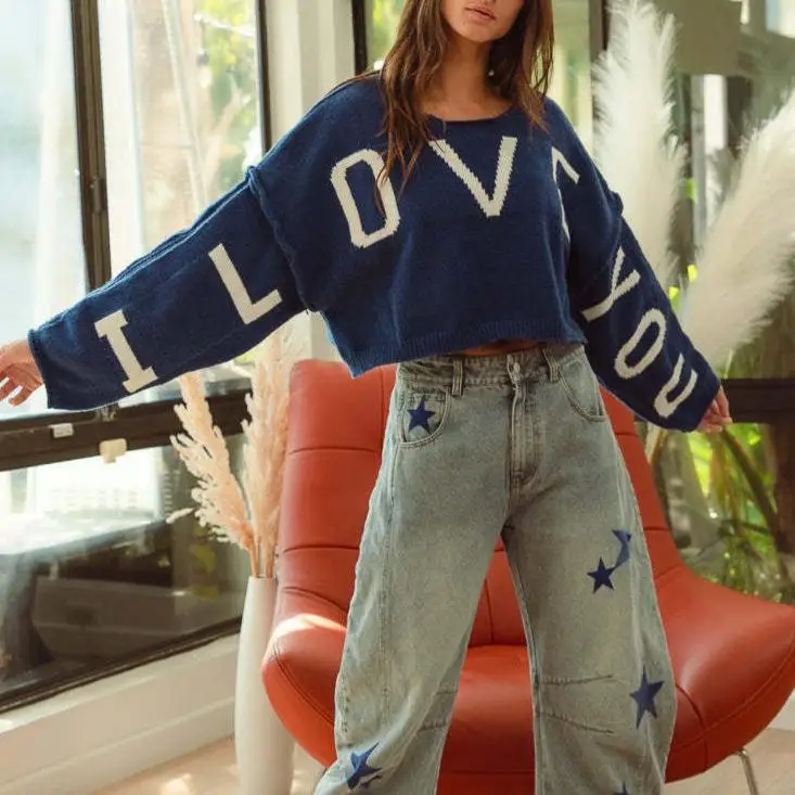 

American Sle Long Sve round Ne Letter Embroidery Knitted Sweater orts Set Soft Polyester Casual Loose Fit Women's Wear