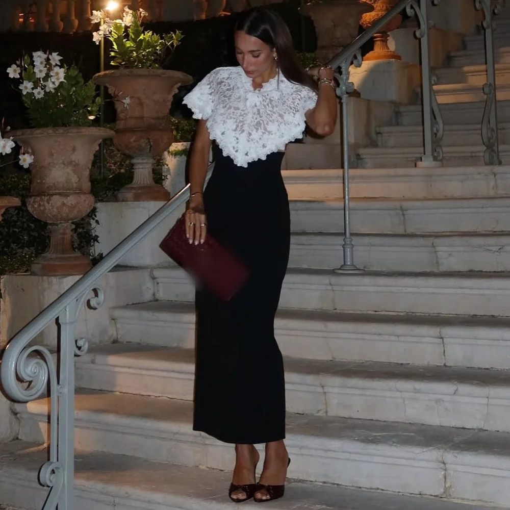 

Customized Jersey Lace Shawl Temperament Black Straight Midi Dresses Bespoke Occasion Party Gown Women's Evening Charming