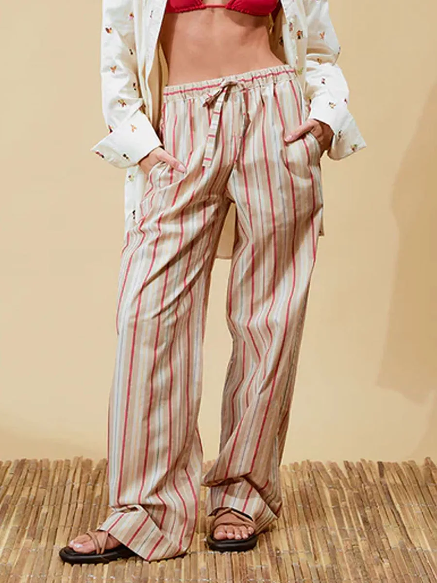 Fashion Women Wide Leg Pants Casual Vertical Stripe Print Elastic High Waist Loose Trousers for Work Office Streetwear