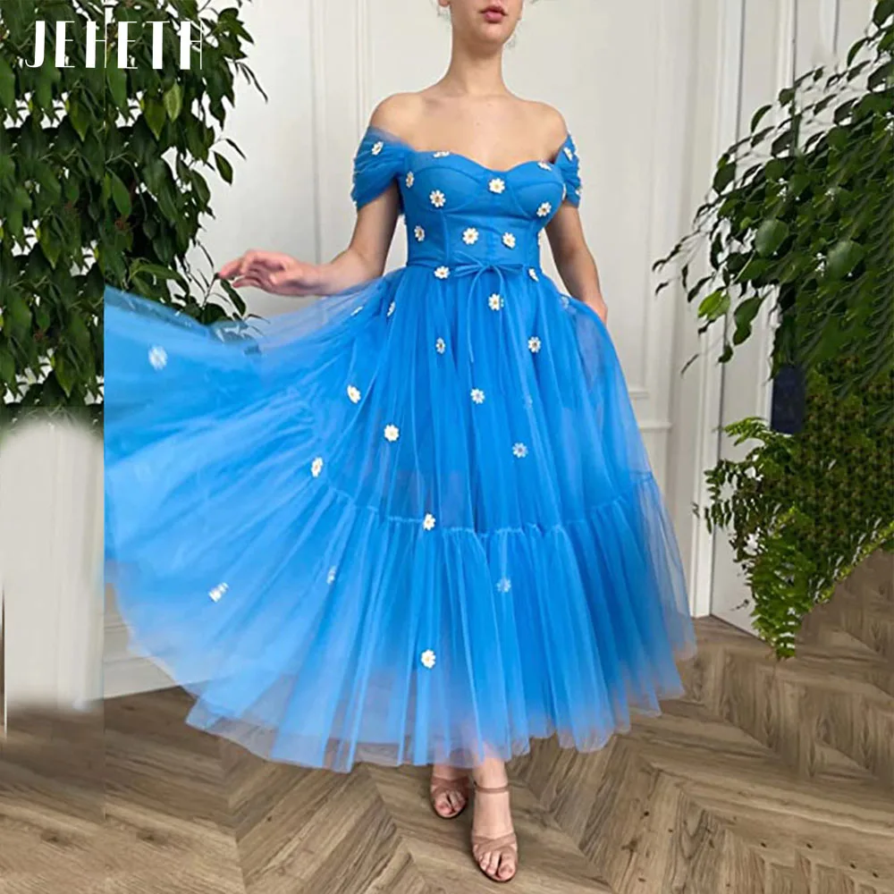 JEHETH Blue Puff Tulle Pastoral Prom Dress Sweetheart Off the Shoulder A Line Backless Evening Gown Pockets Vestidos De NocheBlue Puff Tulle Pastoral Prom Dress Sweetheart Off the Shoulder A Line Backless Evening Gown