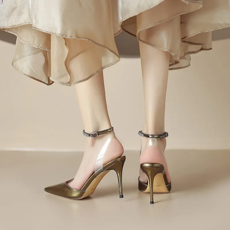 Rhinestone Bling Bling Ankle Strap Sandals Metal Leather Pointed Toe Thin High Heels Shallow Crystal Shiny Fashion Women Sandals