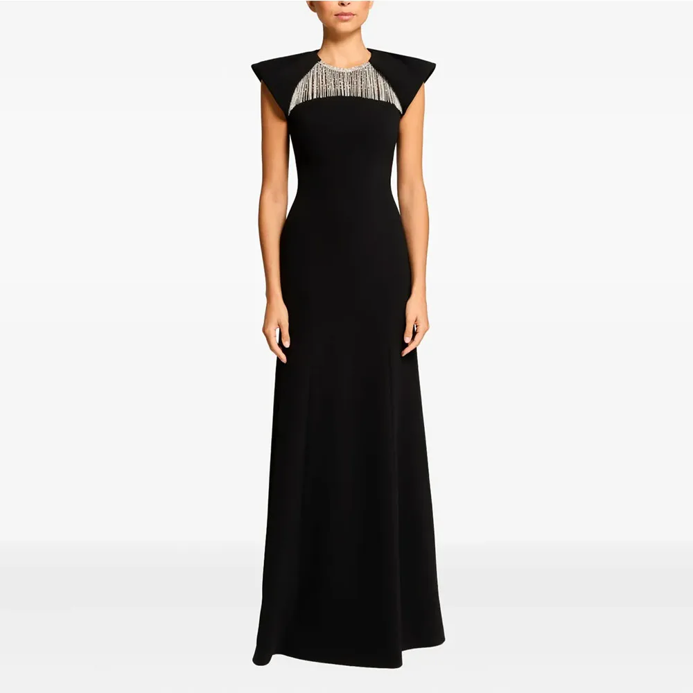 

Modern Women's Evening Gown A Line Formal Party Dress O Neck Beading Saudi Dress Sleeveless Floor Length Prom Dress