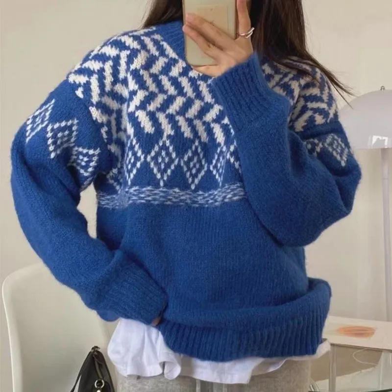 

Klein Blue Thiened Oversized Sweater Women's Autumn Winter Loose Knitted irt round Ne Long Sve Warm Commute Sle