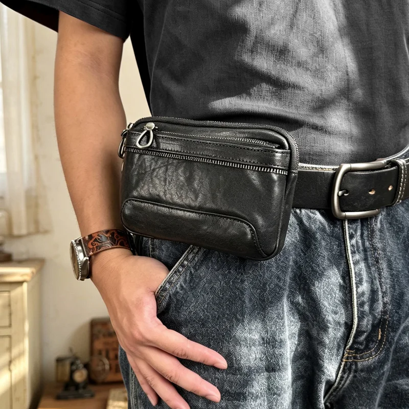 Men'S Genuine Leather Horizontal Mobile Phone Pack Retro Top Layer Cowhide Simple Casual Wear Belt Double Zipper Waist Bag