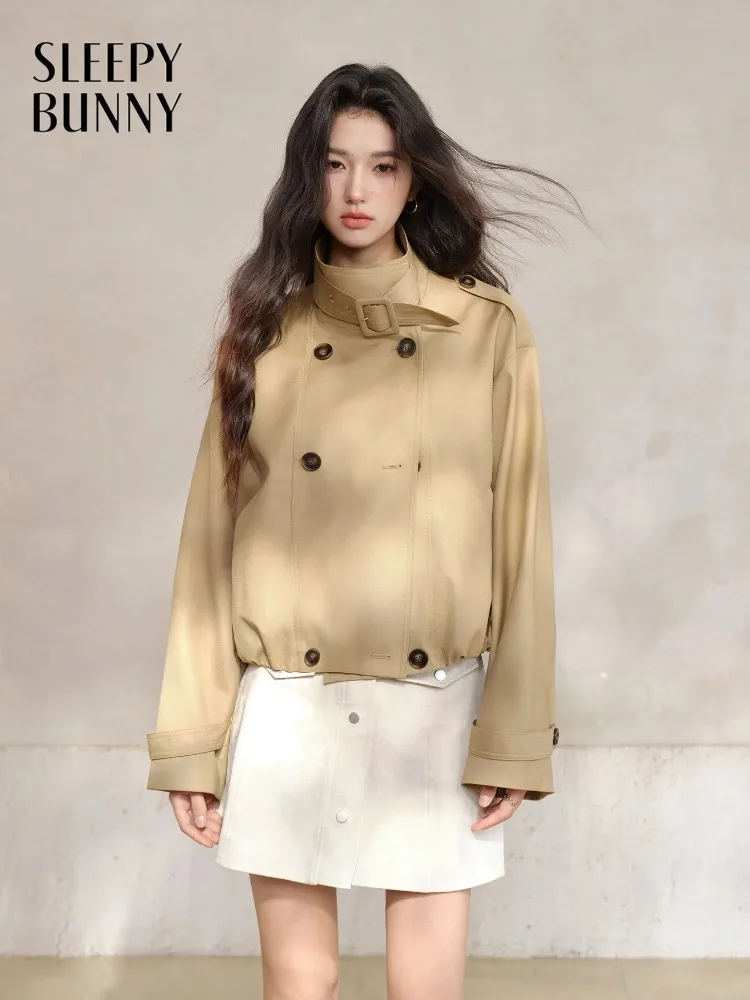 

Women Stand Collar Trench Double Breasted Short Coat Lady Spring Loose Casual Petite Outerwear Windbreaker Streetwear for Daily