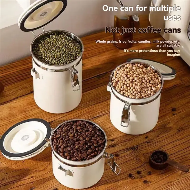 B89B-1.8L Sealed Container 304 Stainless Steel With Spoon Coffee Bean Storage Box Exhaust Valve Storage Container B