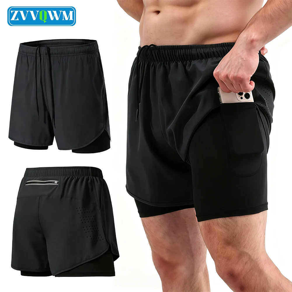 1 Stück Schnelltrocknende Workout-Laufshorts für Herren Doppellagige Kompressions-Liner-Shorts mit Reißverschlusstasche für Fitness