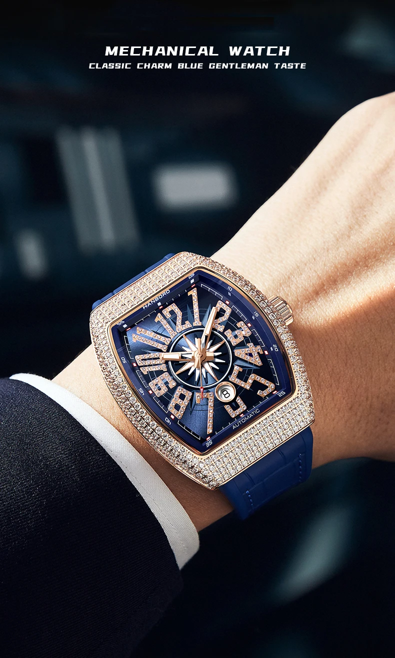 HANBORO-Reloj de pulsera automático para hombre, cronógrafo mecánico Tonneau de lujo, luminoso, resistente al agua, esfera solar, decoración de cristal de 445 piezas