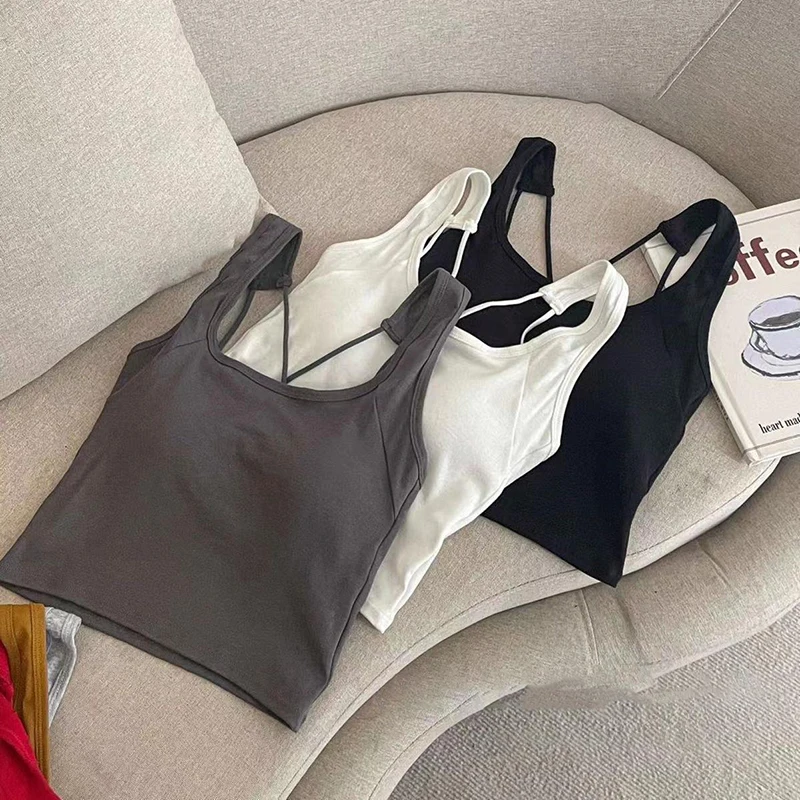 （Summer4）Sports Tank Top Women Solid Color Large U Neck Cross Non-marking One With Bra Pad Outer Wear Bottom Wrap Women