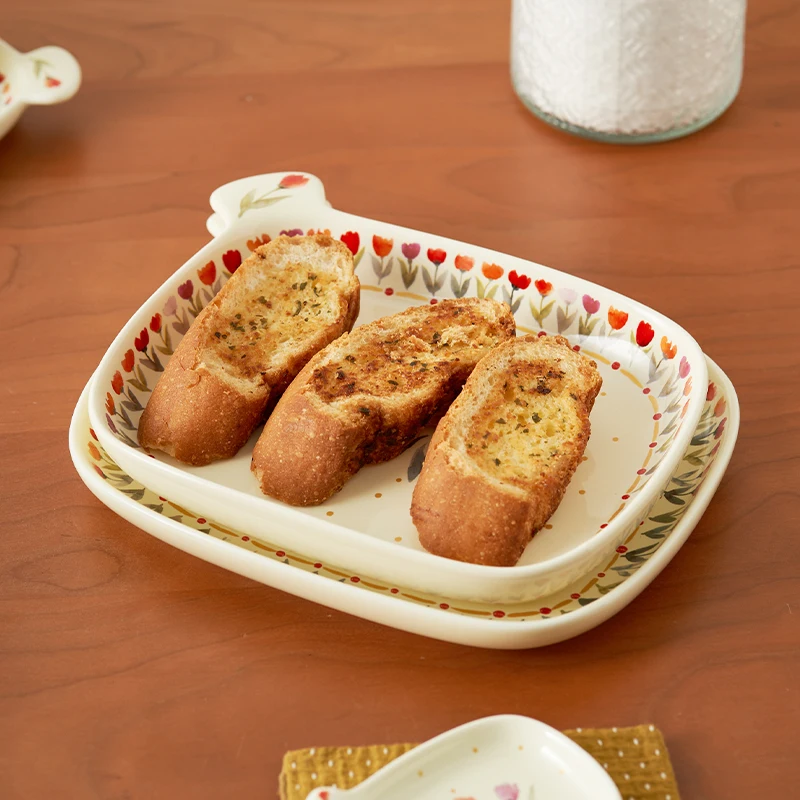 

April Tulip Cerc Plate with Handle Rectangular Pizza Baking Di Dining Utensils Di Lightweight Handmade Floral Pattern