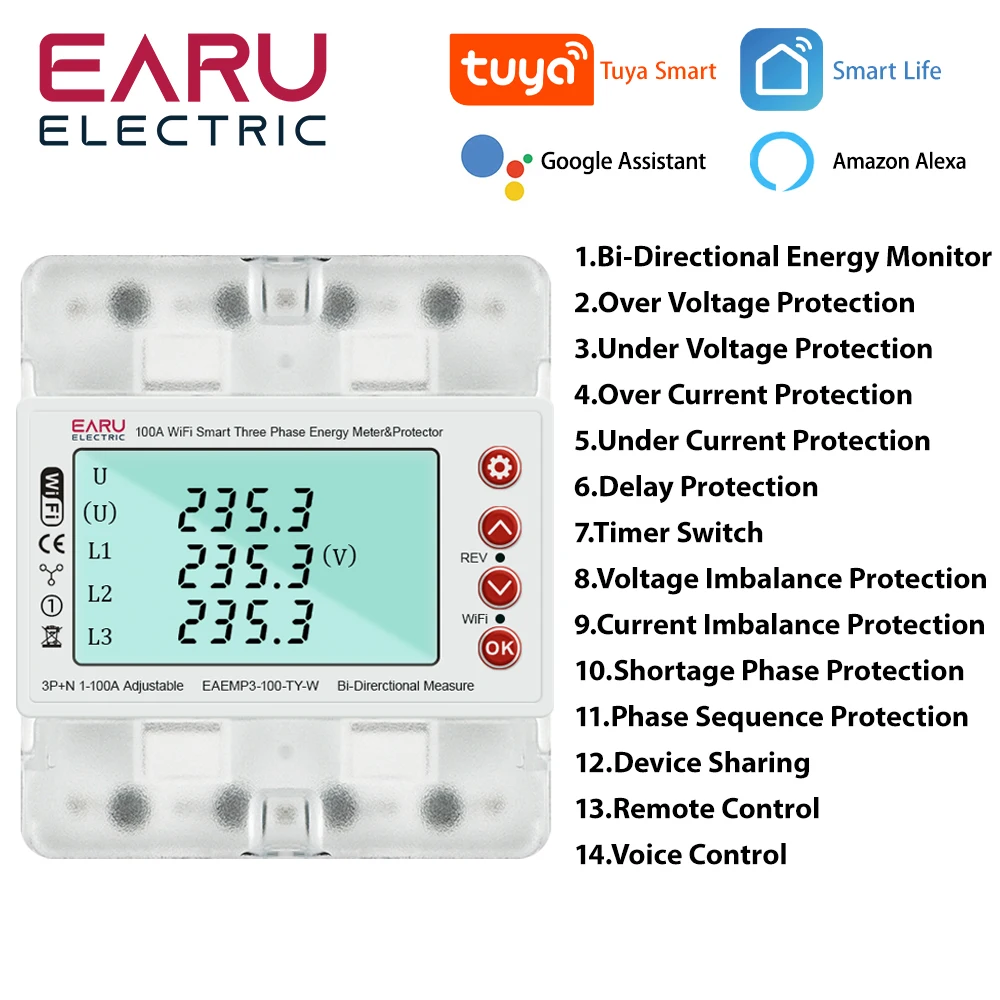 3 fazy 380V 100A Tuya WiFi inteligentny dwukierunkowy licznik energii moc kWh zabezpieczenie przed zbyt niskim napięciem przekaźnik przełącznik