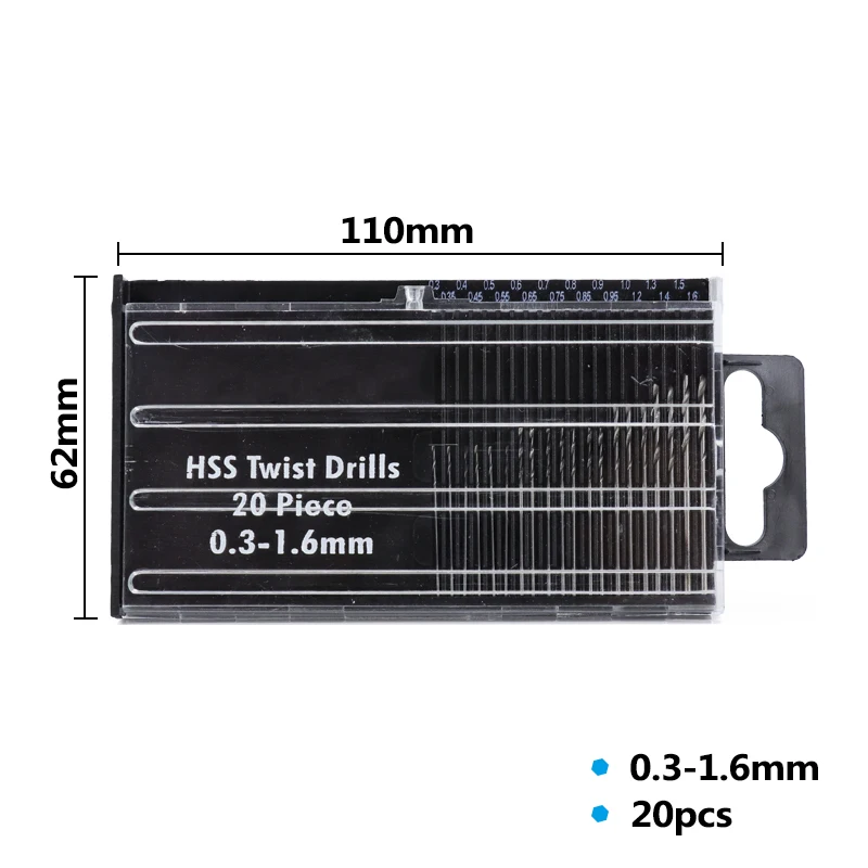 Broca de aço de alta velocidade do hss do conjunto do bocado de broca da torção de hampton 20 pces 0.3mm-1.6mm mini para a ferramenta de perfuração de madeira do metal