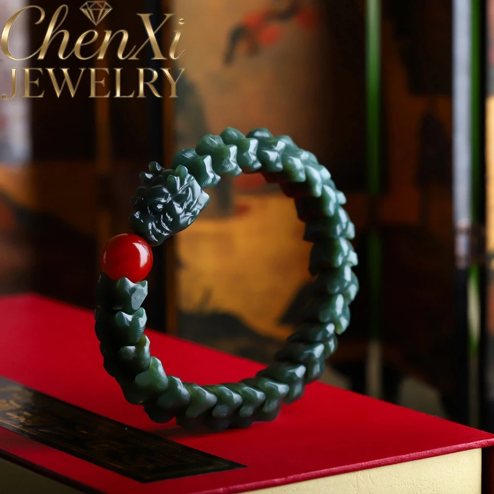 Natural Hetian Green Jade Dragon Bone Bracelet Carved Best Lucky Wrist Jewelry Polished Beaded Bangle Gift For Festival Birthday