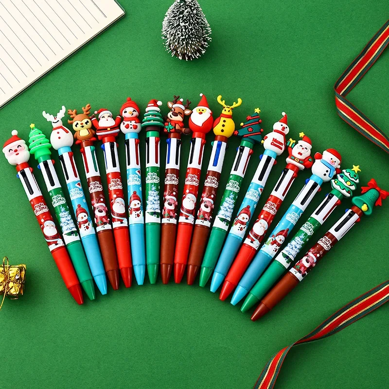 

12Pcs New Christmas 4-color Ballpoint Pen Cartoon Santa Claus Multi-color Push Color Pen Student Prizes Festival