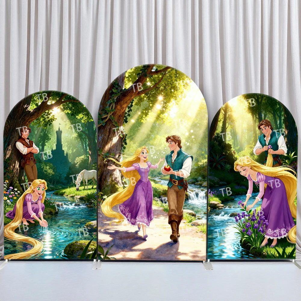

Disney Rapunzel Arch Backdrop Cover Birthday and Baby Shower Forest Castle Stream Flower Theme Kids Party Photo Booth Decor