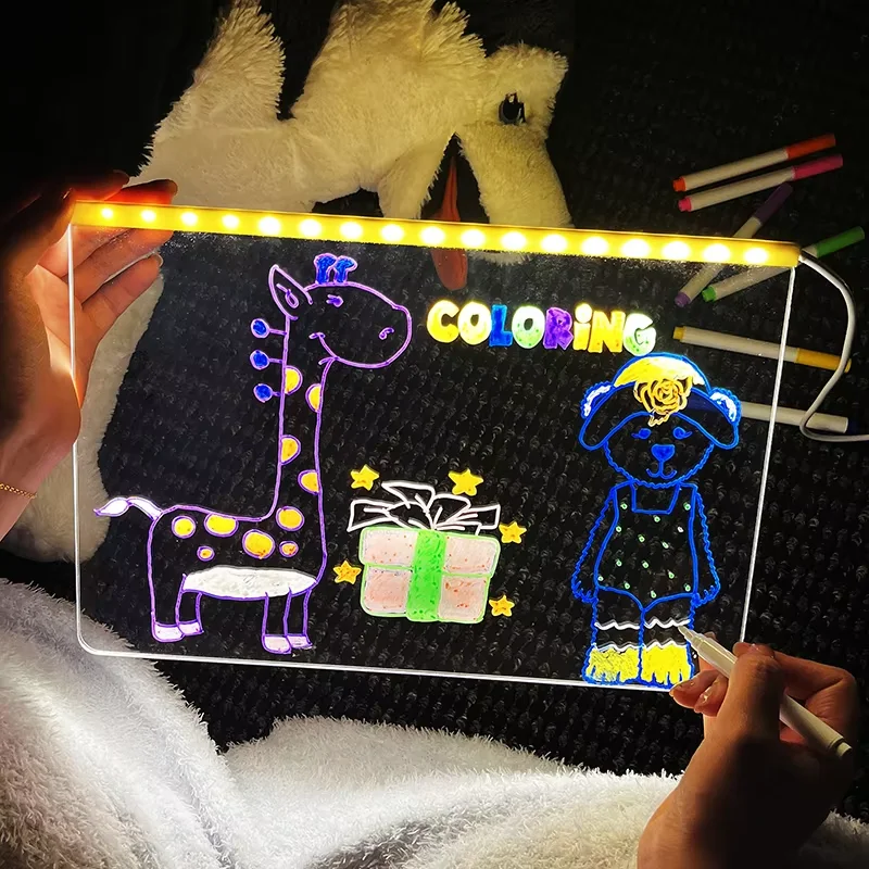 

LED Luminous Blackboard Drawing Toys Magic Light Board Transparent Graffiti Coloring Art Acrylic Marker Message Board Kids Gift