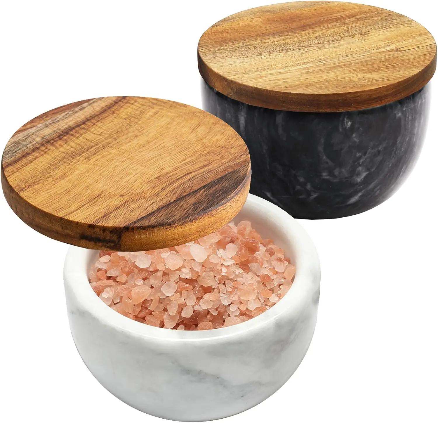 

Natural Marble Salt and Pepper Bowls with Wood Lid, Large Capacity Spice Container Set, Includes Spoon