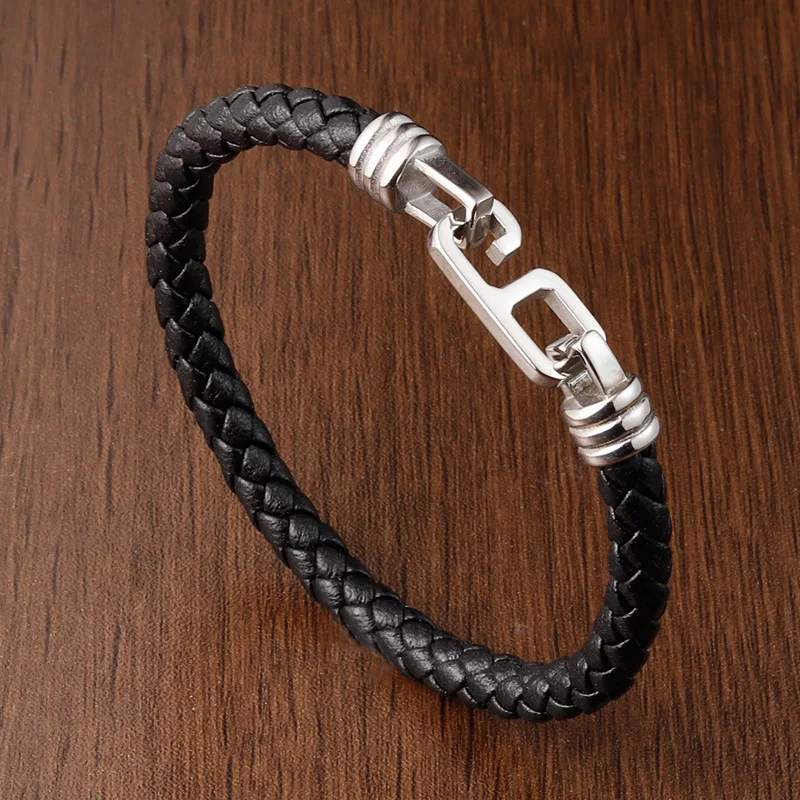

Titanium Steel Leather Bracelet 6-Character Stainless Steel Braided Black Leather Bracelet Men's Jewelry