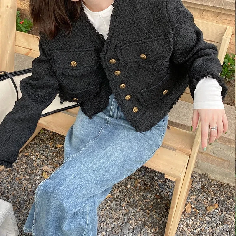 Vintage Small Fragrant Tweed Jacket Women Autumn Winter Woolen Short Black Jacket Streetwear 2023 Fashion Slim Outwear Crop Tops