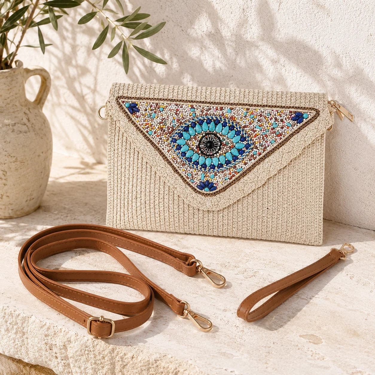 Women's Ivory Woven Straw Clutch Bag Handmade Beaded Evil Eye Crossbody Purse Boho Summer Shoulder Bag