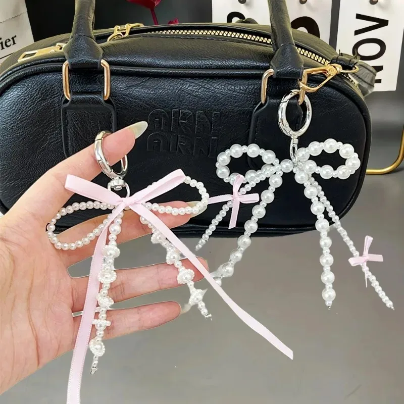 Y2k Pearl Bow Keychain Women Pearl Tassels Pink Ribbon Bow Sweet Cool Key Chains Fashion Metal Purse Key Ring Phone Accessories — zdjęcie 3