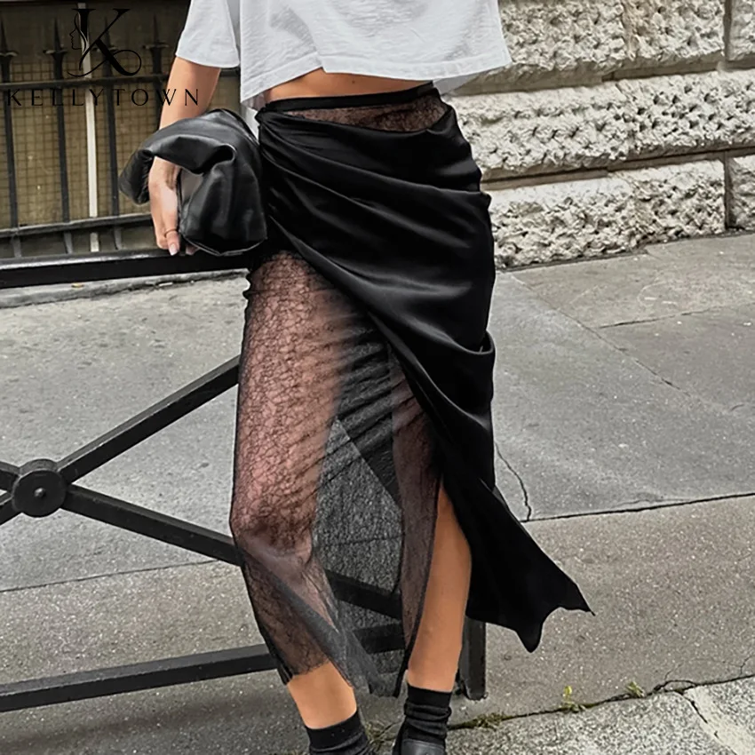 Sexy Trim Lace Satin Skirts Women See Through High Waist Skirt Summer Clothes Club Party Outfits Drawstring Ruched Black Skirt
