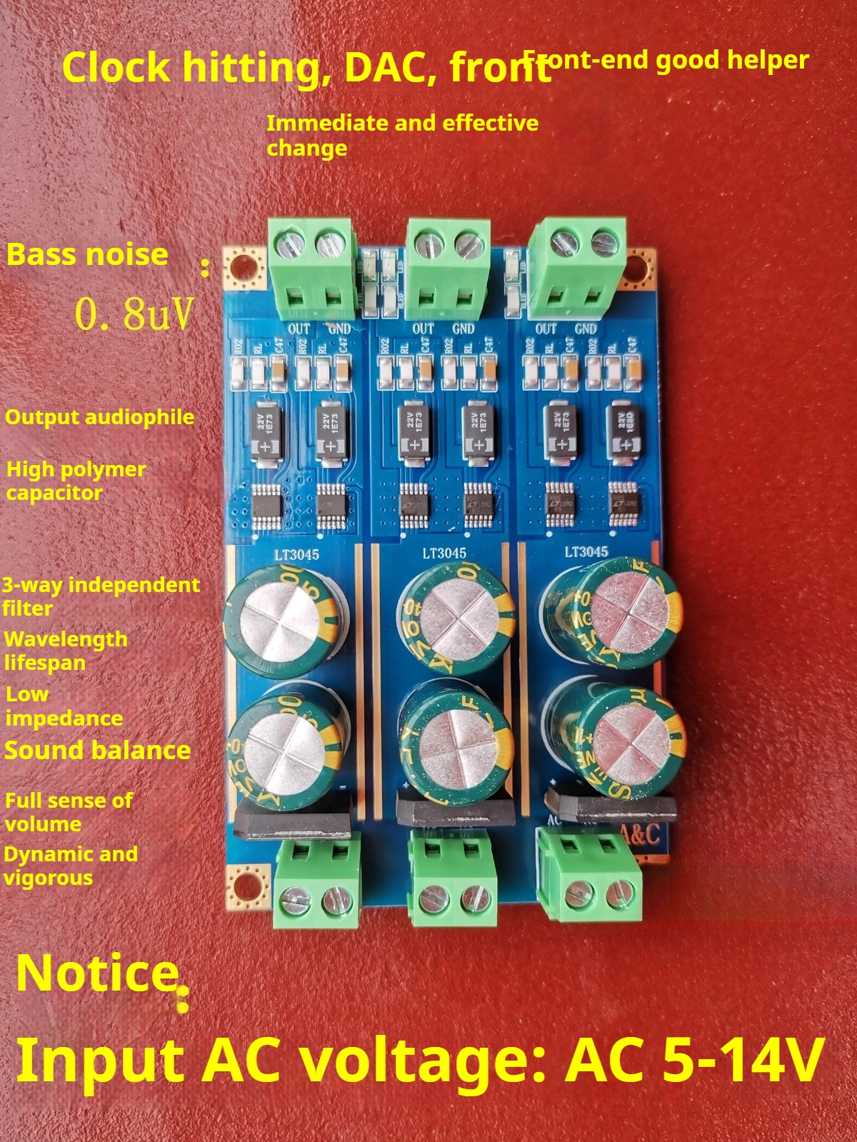3-channel independent dual parallel LT3045 low-noise linear stabilized power supply for polishDAC front-end precision instrument
