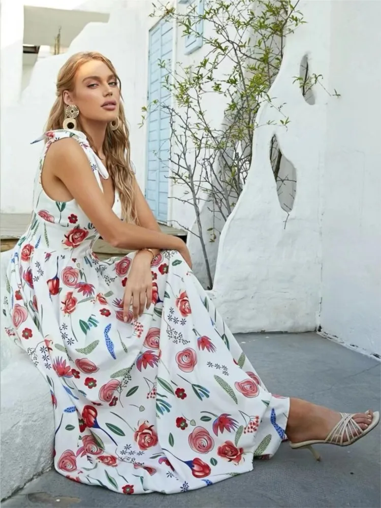 Sommer Druck Boho Lange Kleid Mode Lässig V-ausschnitt Spaghetti Strap Ärmellose Strand Party Maxi Kleider Für Frauen Robe Femme Neue