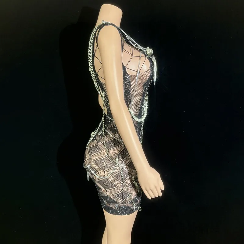 2025 블랙 생일 파티 드레스 펄 장식 섹시한 고고 댄서 의상 나이트클럽 공연복 yj089
