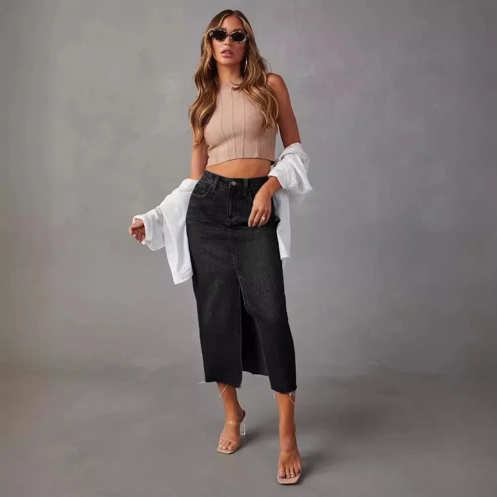 Mezza gonna in denim sottile con motivo a trapezio da donna sexy Mezza gonna femminile a vita alta Casual Bodyeon Gonne lunghe per le donne Streetwear