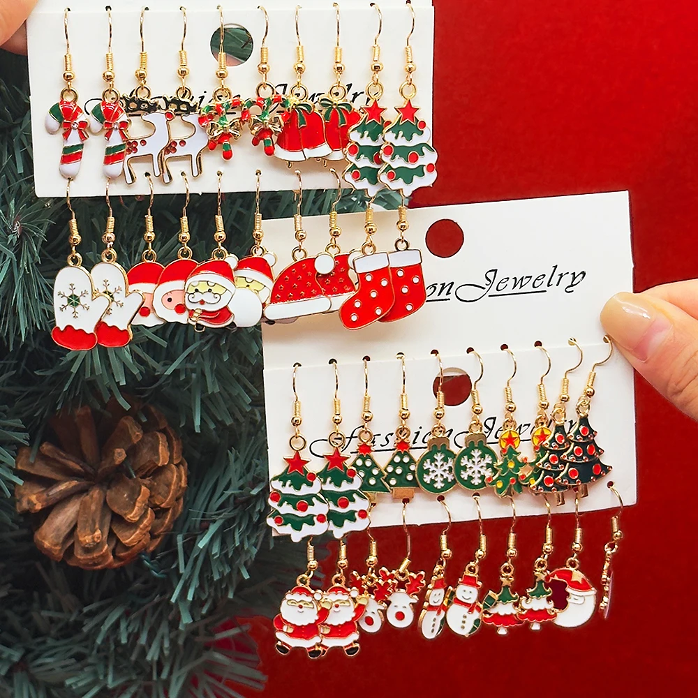20Pairs/5Pairs Women Christmas Earrings Oil-dripping Christmas Tree Santa Claus Snowman Pendant Earrings Christmas Gift Jewelry