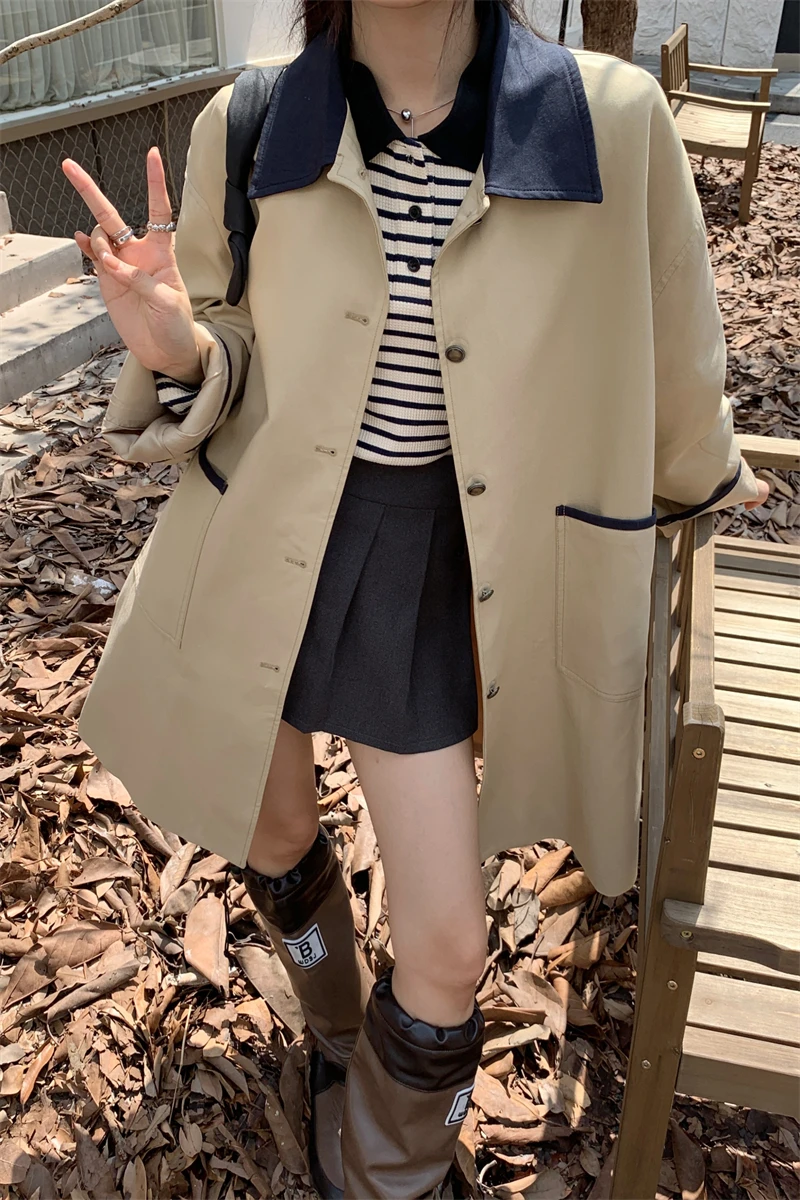 British Retro Fashion Khaki Trench Women Fall Lazy Style Contrasting Color Lapel Collar Loose Jacket Elegant Windbreaker Coat