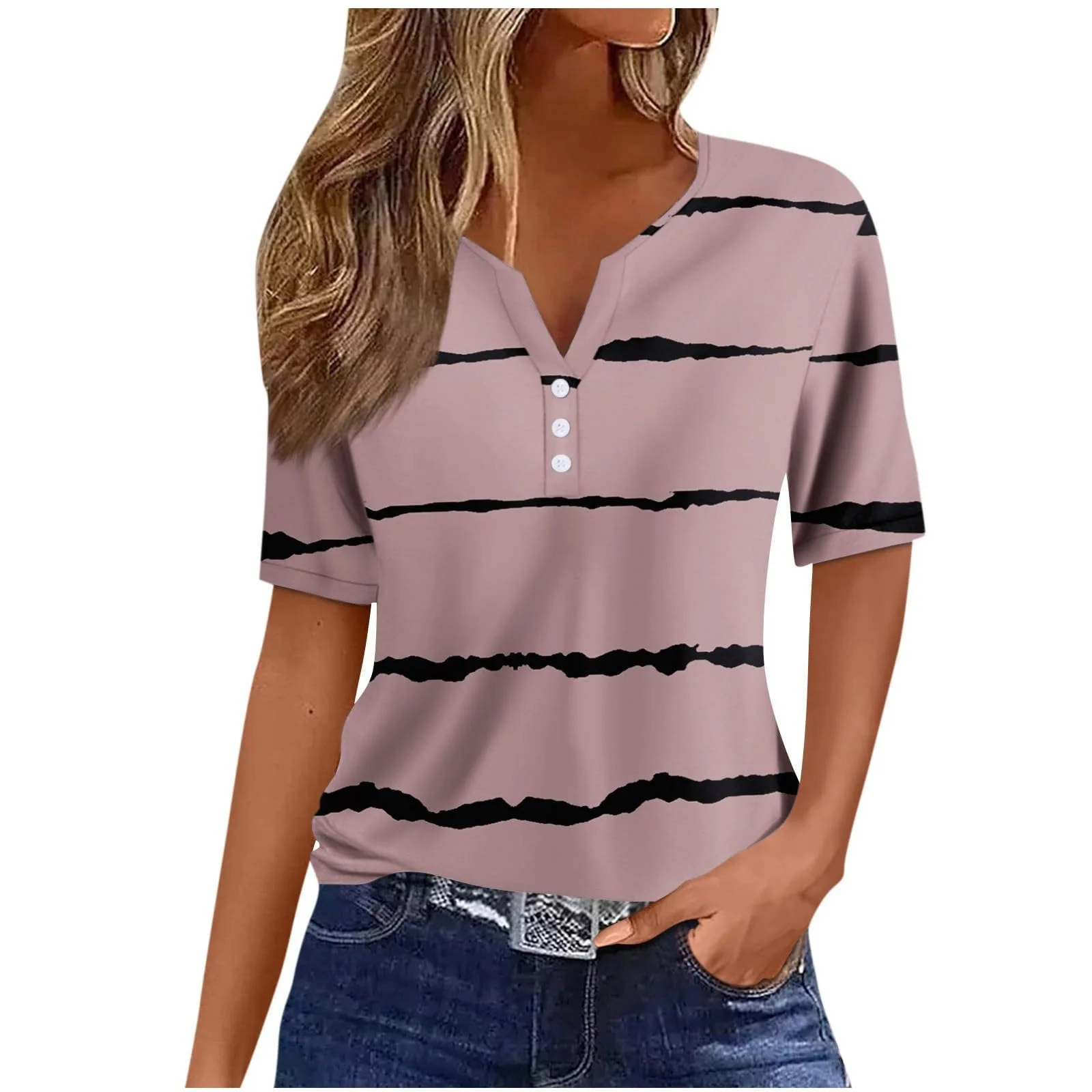 

Water ripple print 2024 new slim fit versatile short sleeved button top for summer women's casual fashion WG19