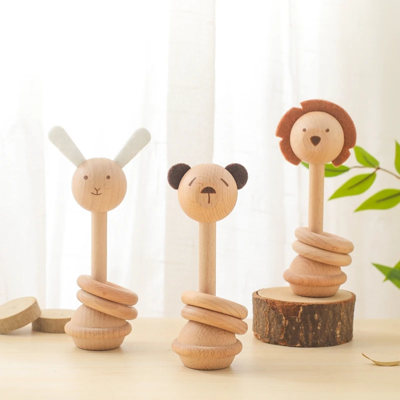 1pc Baby Rattles Toys Beech Wooden Animal Rattles Music Hand Bells Toys Newbron Montessori Educational Mobile Rattle Blocks Toys