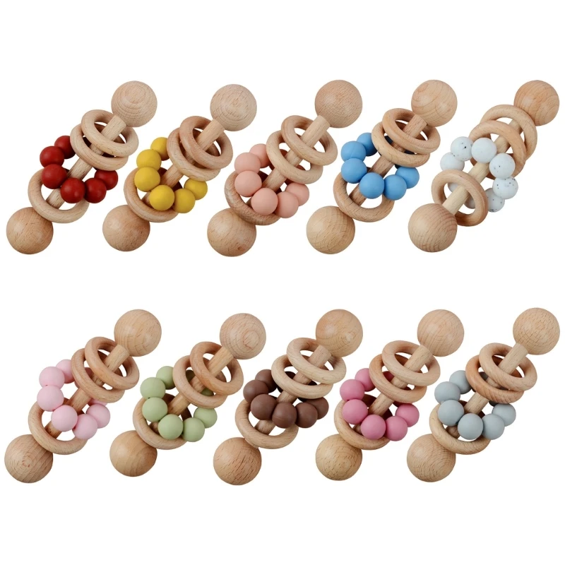 

Wooden Rattle Teether Toy Hand Bells Toy Baby Cognitive Stimulation Shower Gift