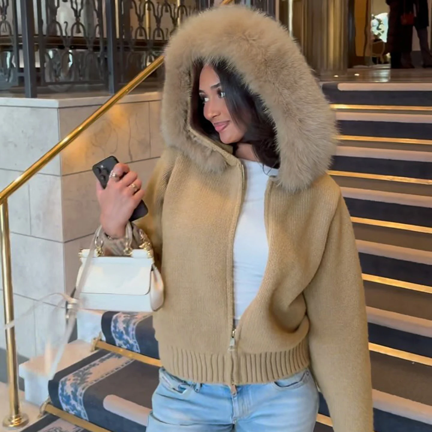 

Casual Basic Fur Trim Hooded Knitted Cardigan Solid Zip-Up Long Sleeve Oversized Sweaters Women 2025 Autumn Winter Warm Coats