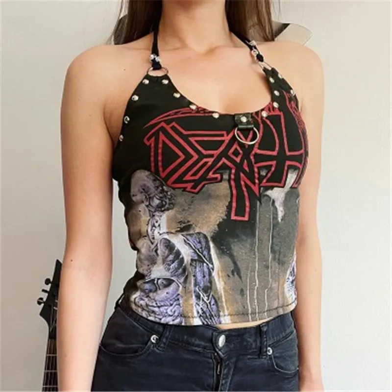 

Gothic Punk Vest Girl Y2K Print Spicy Girl DingTalk Hanging Neck Suspended Tank Top Women's Open Back Short Top